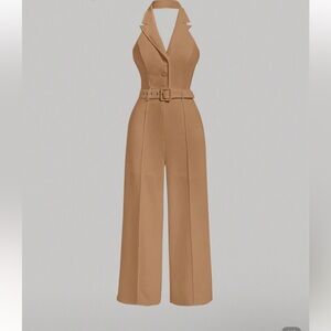 Tan Sleeveless Jumpsuit with Belt